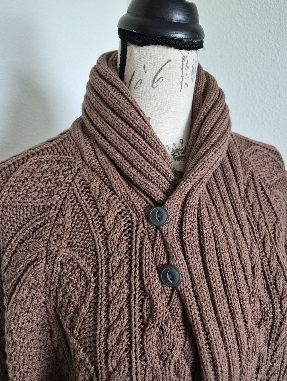 LL Bean Signature Cotton Fisherman Cable Knit Cardigan Sweater XXL Shawl Brown - Picture 6 of 14
